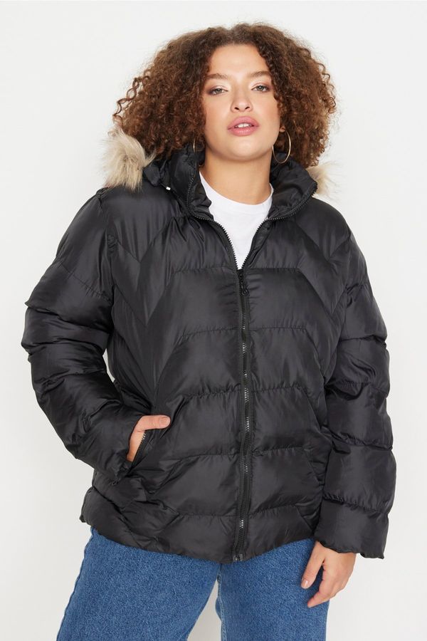 Trendyol Trendyol Curve Black Hooded Fur Detailed Coat