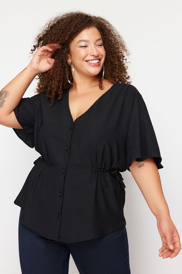 Trendyol Trendyol Curve Black Knitted V-Neck Tiered Blouse