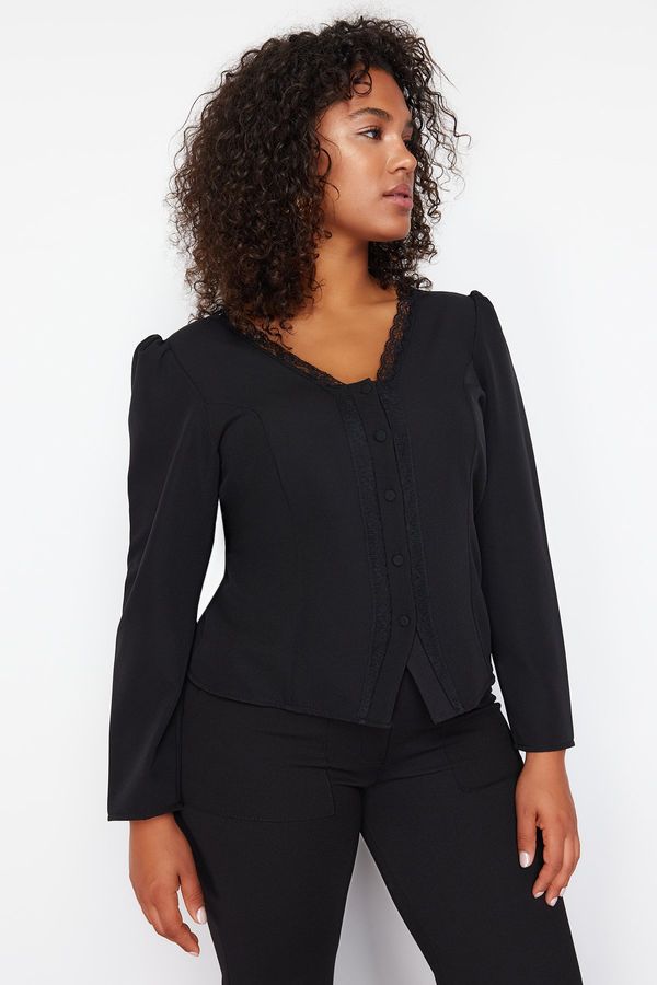 Trendyol Trendyol Curve Black Lace V-Neck Buttoned Plus Size Woven Blouse