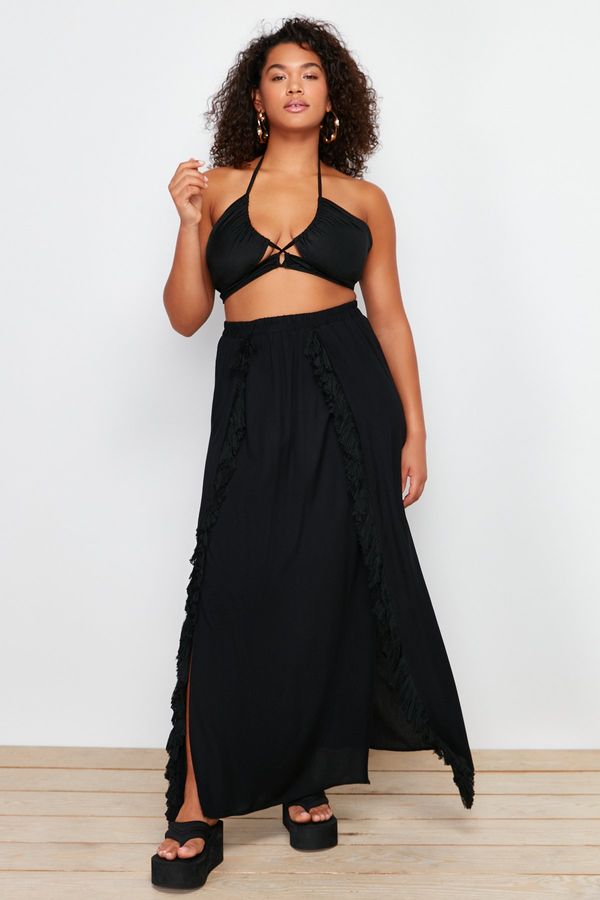 Trendyol Trendyol Curve Black Maxi Length Woven Tasseled Slit Detailed Beach Wear Skirt