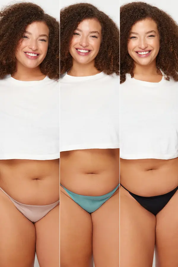 Trendyol Trendyol Curve Black-Mink-Petrol 3-Pack Cotton Plus Size String Panties