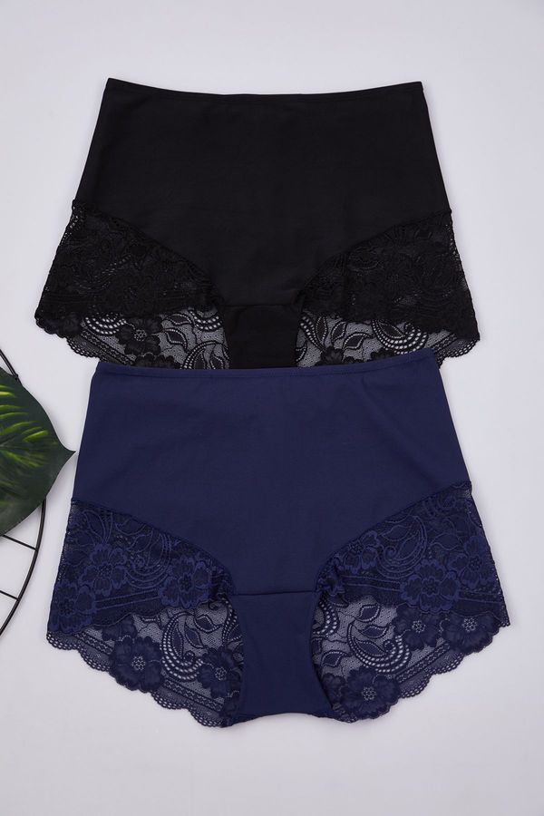 Trendyol Trendyol Curve Black-Navy Blue 2 Pack High Waist Lace Soft Comfortable Plus Size Panties