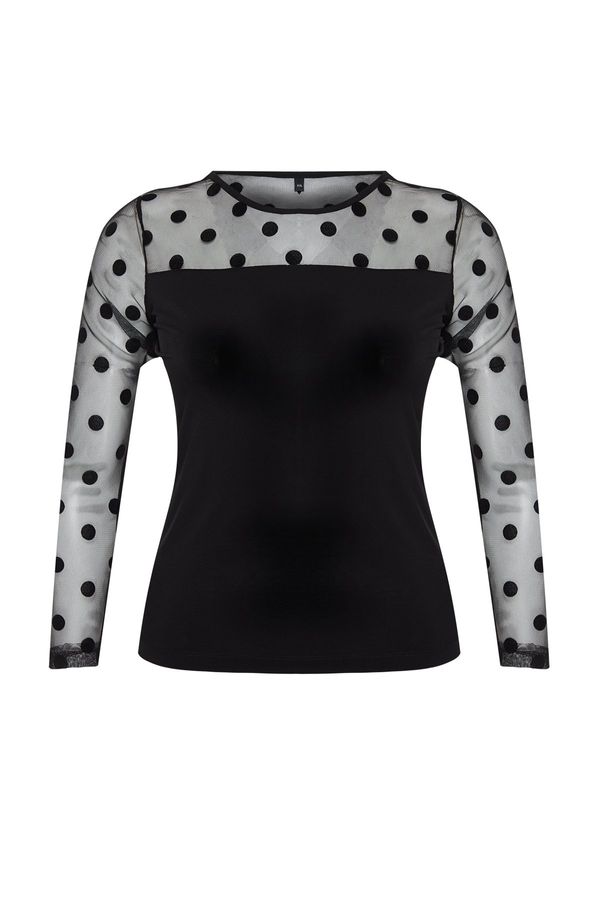 Trendyol Trendyol Curve Black Polka Dot Mesh Detailed Knitted Blouse