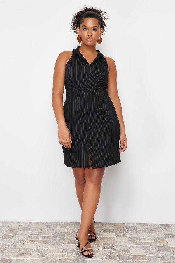 Trendyol Trendyol Curve Black Polo Collar Striped Mini 100% Cotton Knit Dress