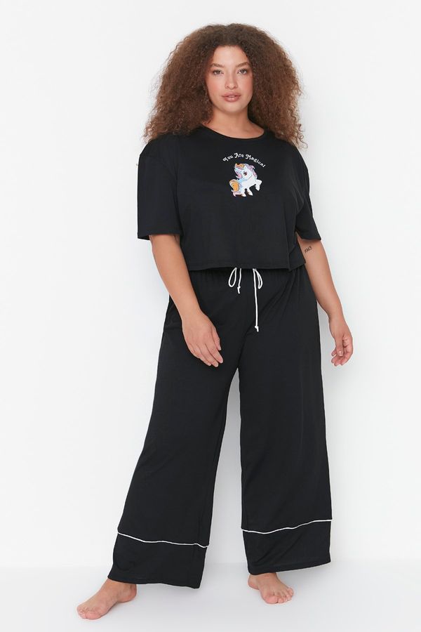 Trendyol Trendyol Curve Black Printed Wide Leg Crop Boy Knitted Pajama Set