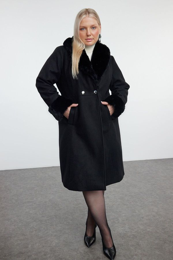 Trendyol Trendyol Curve Black Regular Fit Fur Detailed Collar and Sleeve Wool Blend Cashmere Coat