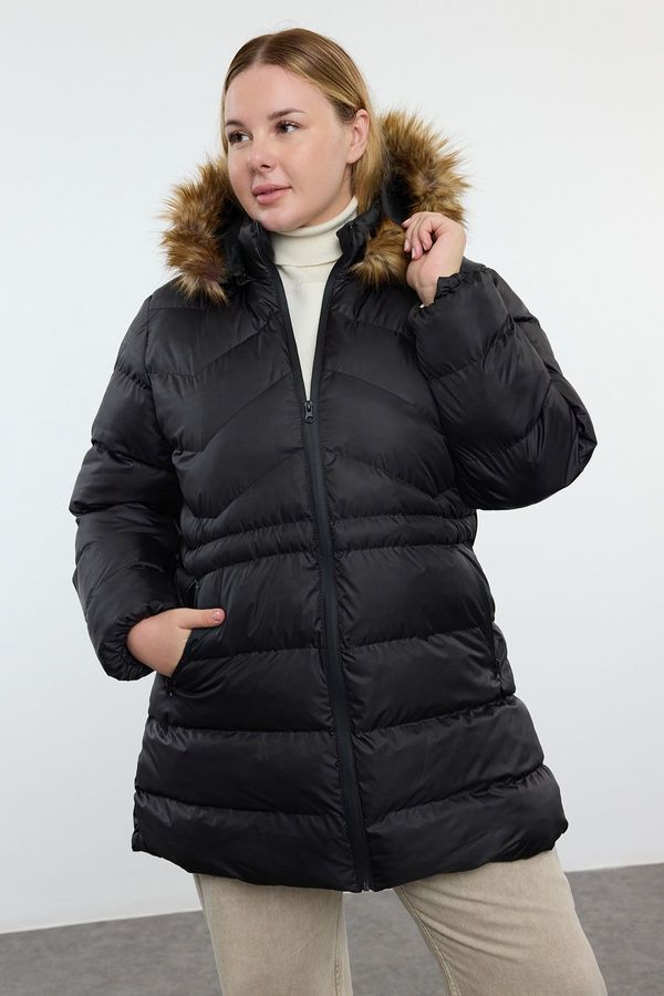 Trendyol Trendyol Curve Black Regular Fit Hooded Zipper Detailed Parka & Coat