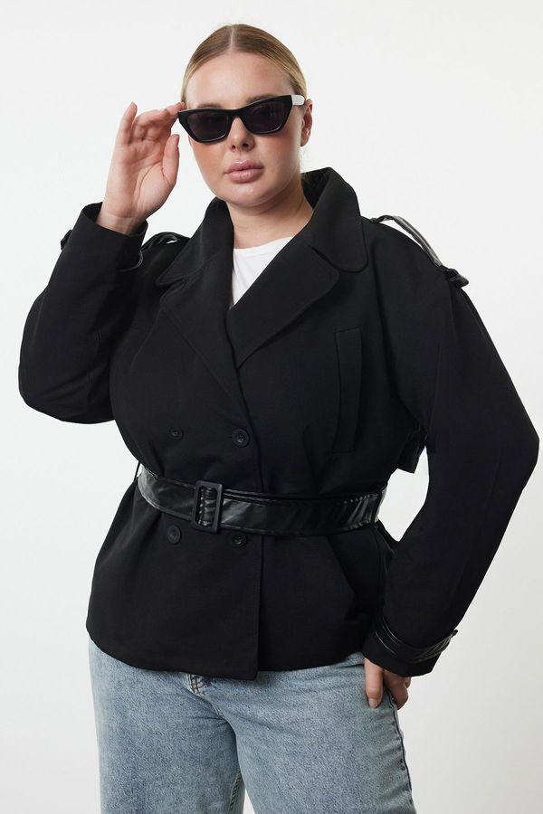 Trendyol Trendyol Curve Black Regular Fit Leather Belt Detailed Technical Fabric Trench Coat