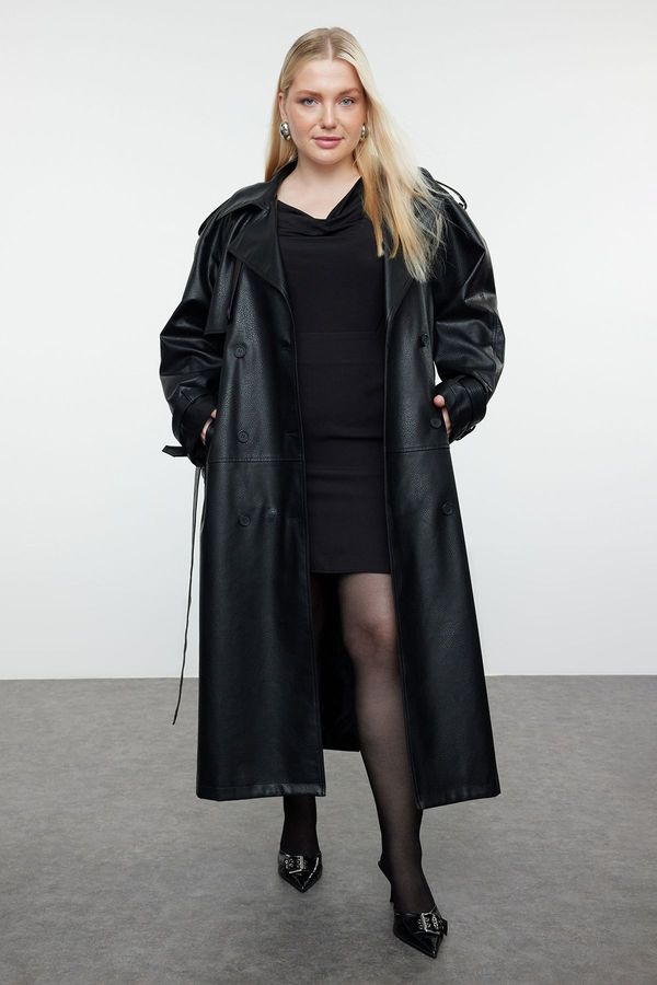 Trendyol Trendyol Curve Black Regular Fit Maxi Length Faux Leather Plus Size Trench Coat