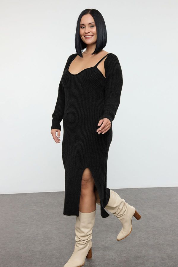 Trendyol Trendyol Curve Black Ribbed Slit Midi Length Knit Dress & Bolero Set