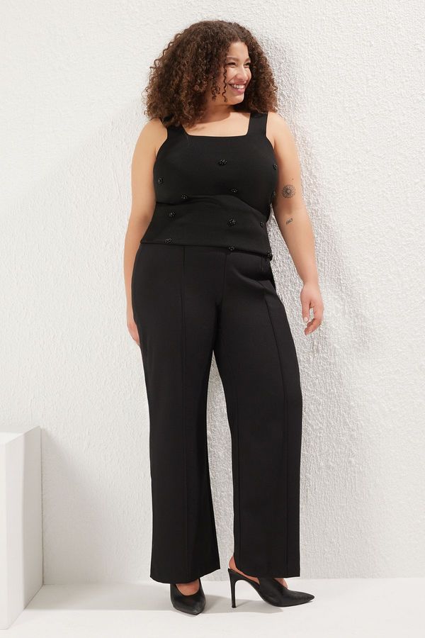 Trendyol Trendyol Curve Black Ribbed Wide Leg Elastic Waist Plus Size Trousers