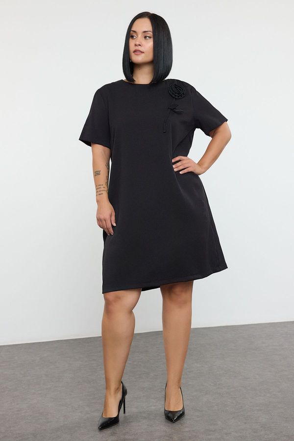 Trendyol Trendyol Curve Black Rose/Flower Accessory Short Sleeve Woven Mini Plus Size Dress