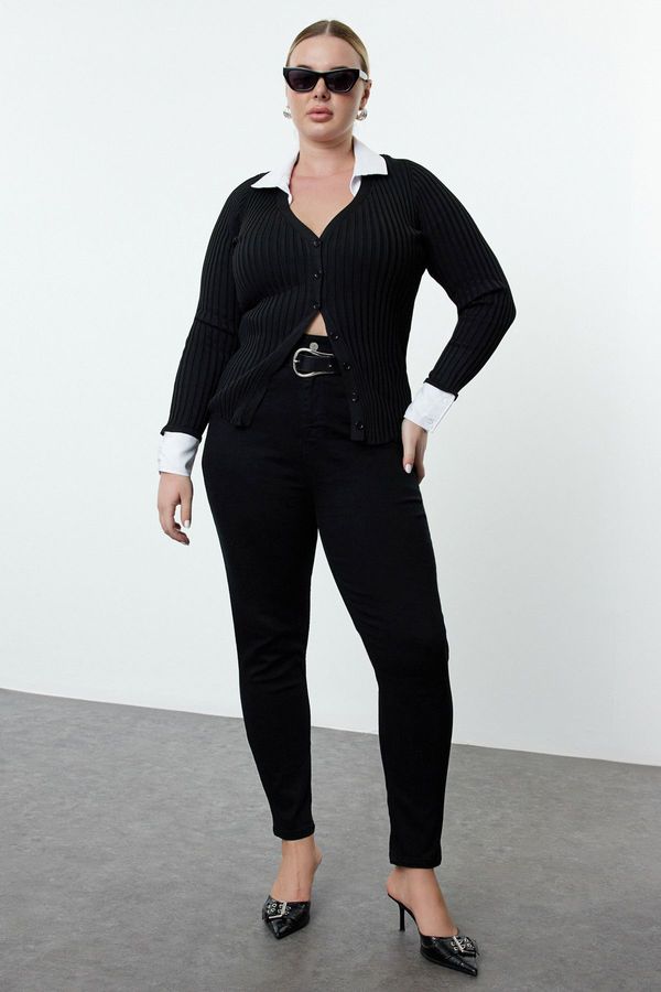 Trendyol Trendyol Curve Black Shirt Collar Buttoned Ribbed Knitwear Cardigan