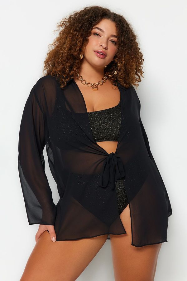 Trendyol Trendyol Curve Black Short Chiffon Kimono & Kaftan with Tie Detail