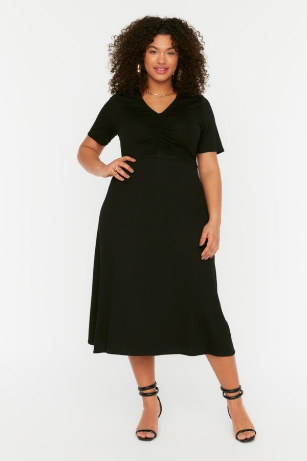 Trendyol Trendyol Curve Black Skater V Neck Gathered Detailed Knitted Dress