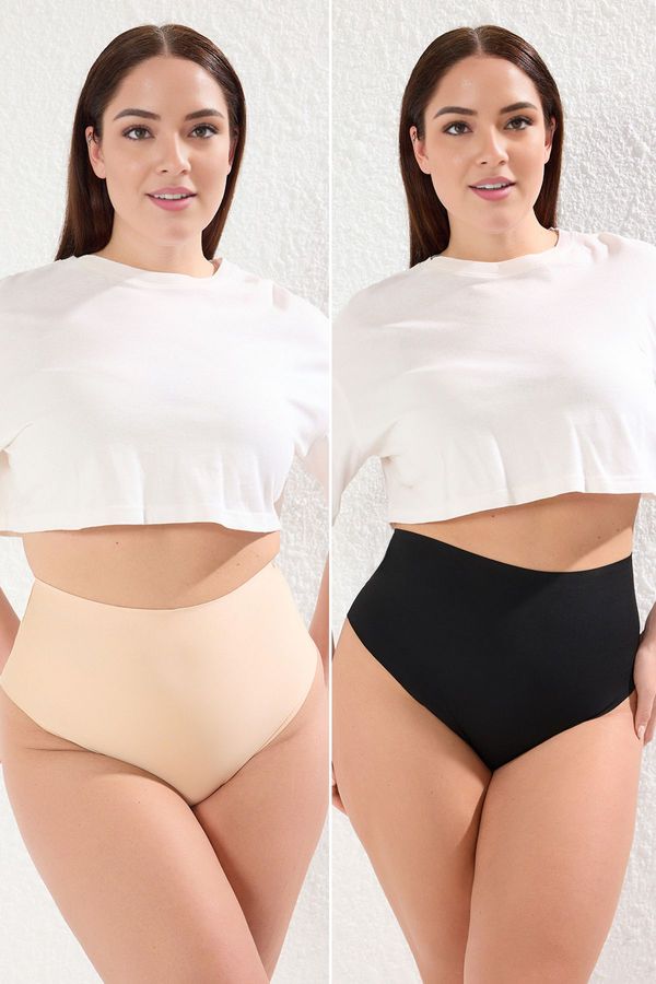 Trendyol Trendyol Curve Black-Skin 2-Pack High Waist Non-Slip Plus Size Panties with Restorative/Corset Effect