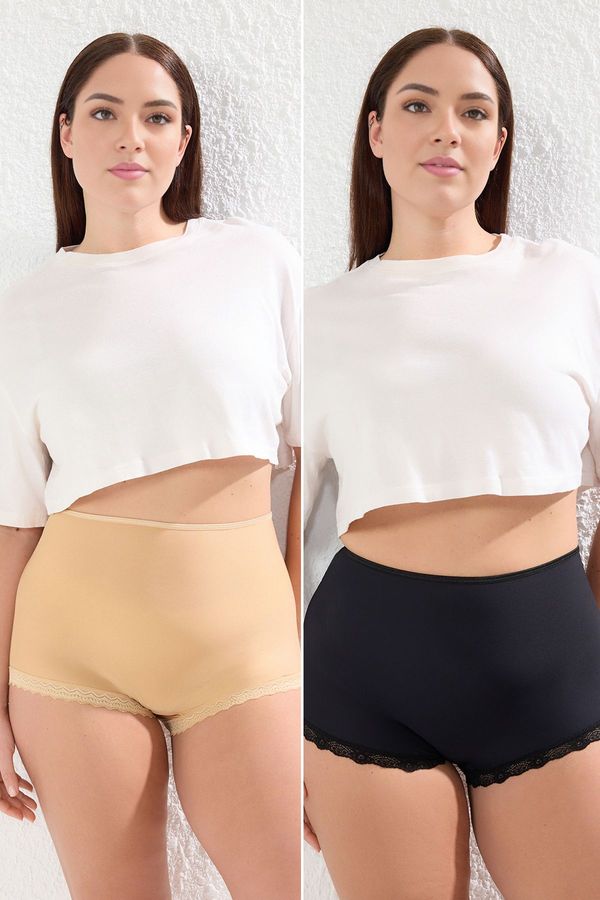 Trendyol Trendyol Curve Black-Skin 2 Pack High Waisted Lace Soft Comfortable Plus Size Panties