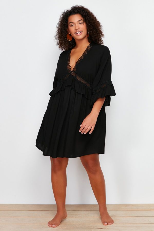 Trendyol Trendyol Curve Black Sleeve Frilly Lace Ribbon Detailed Mini Beach Dress