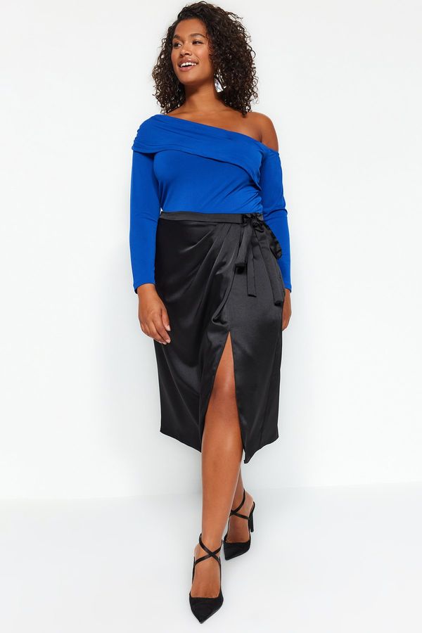 Trendyol Trendyol Curve Black Slit and Tie Detail Satin Woven Skirt