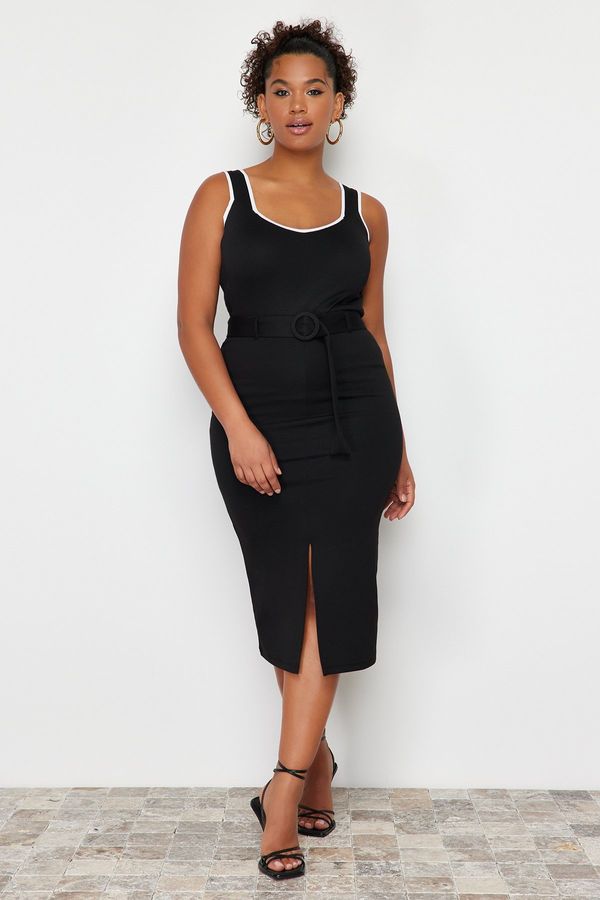 Trendyol Trendyol Curve Black Slit Detailed Belted Midi Knitted Skirt