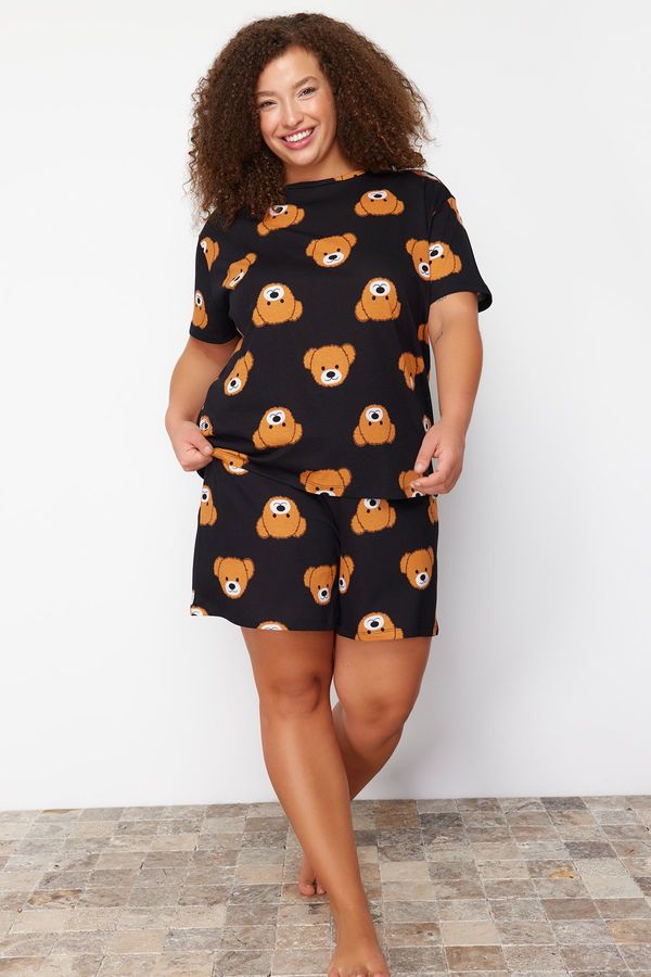 Trendyol Trendyol Curve Black Teddy Bear Printed Cotton Knitted Pajama Set