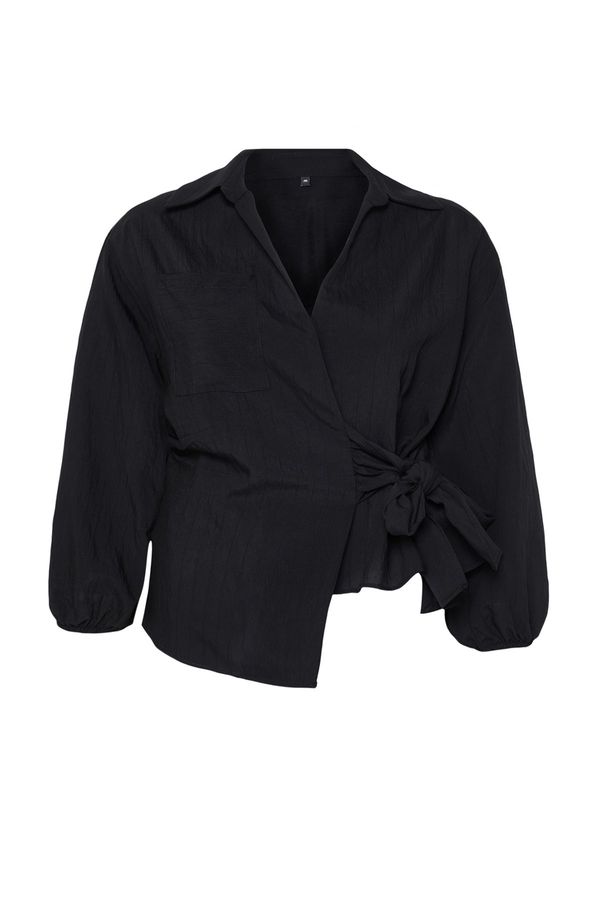 Trendyol Trendyol Curve Black Textured Double Breasted Tied Shirt Collar Woven Plus Size Blouse