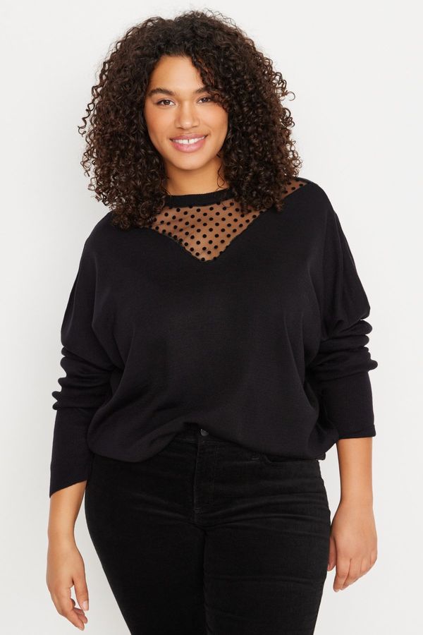 Trendyol Trendyol Curve Black Tulle Detailed Off Shoulder Thin Knitwear Sweater