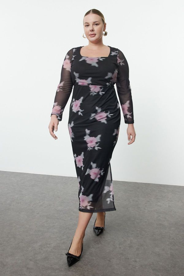 Trendyol Trendyol Curve Black Tulle Floral Fitted Square Neck Long Sleeve Maxi Flexible Knitted Pencil Dress