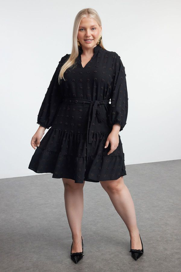 Trendyol Trendyol Curve Black V Neck Balloon Sleeve Belted Pompom Woven Mini Plus Size Dress