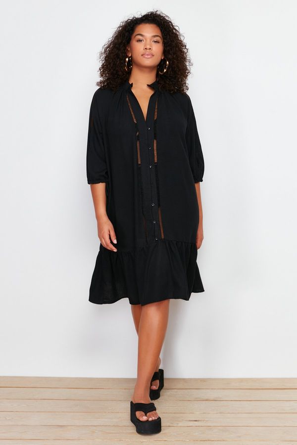 Trendyol Trendyol Curve Black V-Neck Flounce Hem Button Detailed Beach Dress