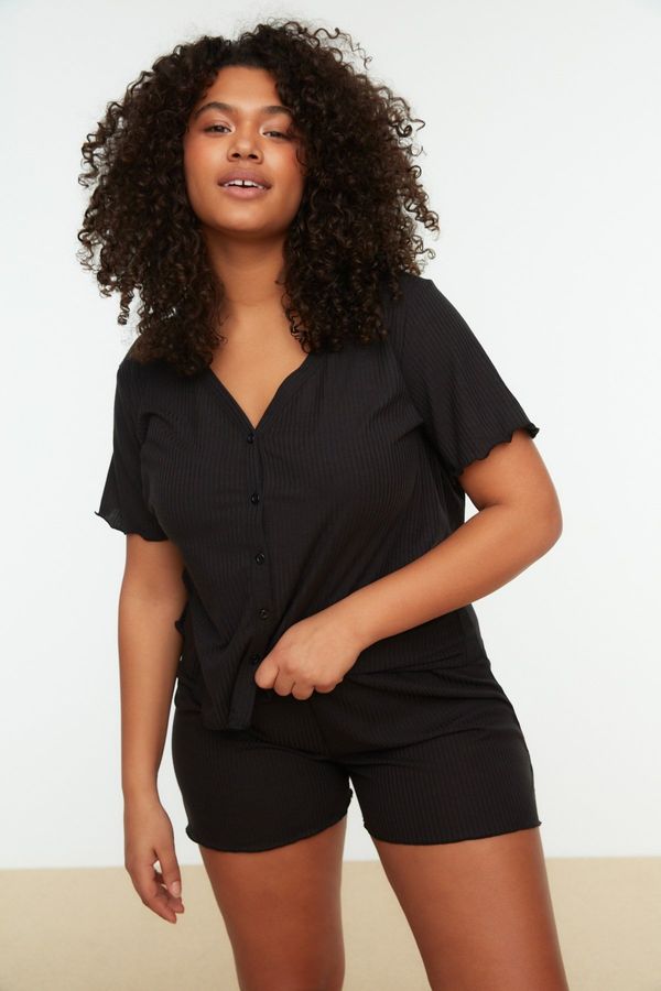 Trendyol Trendyol Curve Black V-Neck Knitted Buttons Pajamas Set