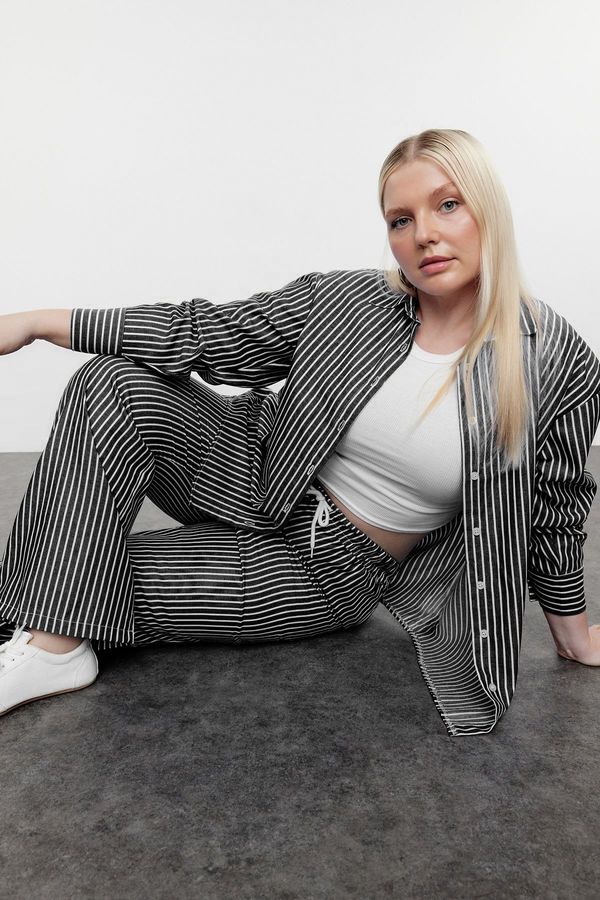 Trendyol Trendyol Curve Black-White Flexible Waist Striped Woven Plus Size Shirt-Pants Bottom-Top Set