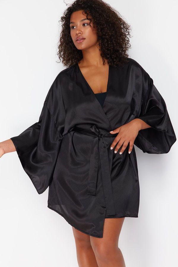 Trendyol Trendyol Curve Black Wide Sleeve Satin Woven Dressing Gown