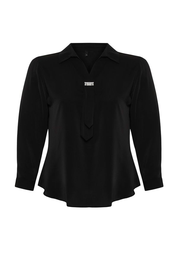 Trendyol Trendyol Curve Black Woven Plus Size Stone Shirt Collar Blouse
