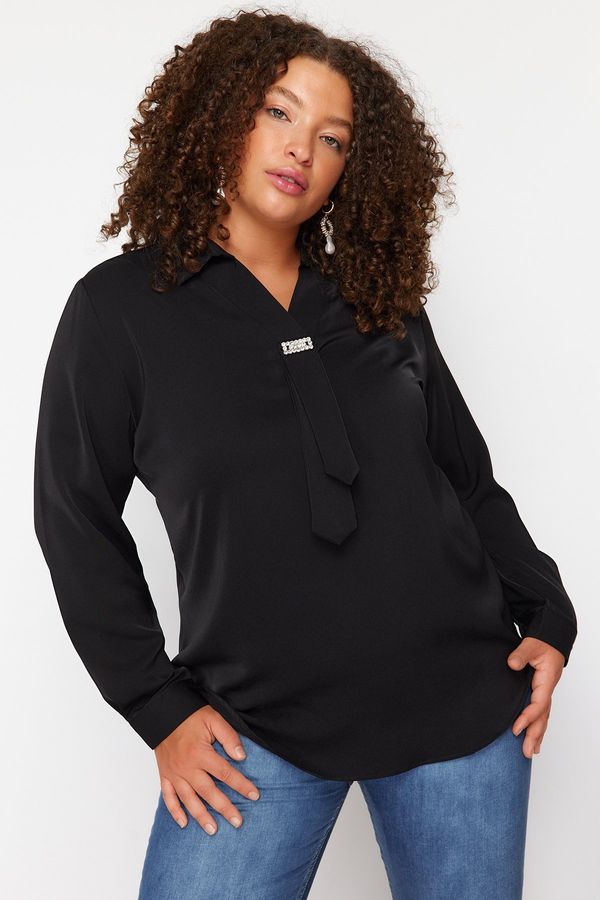 Trendyol Trendyol Curve Black Woven Plus Size Stone Shirt Collar Blouse