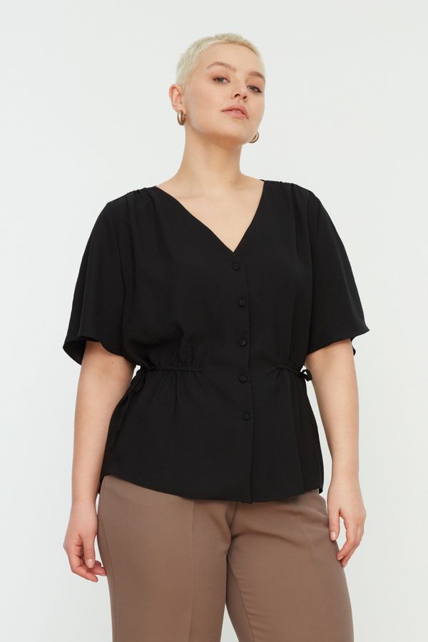 Trendyol Trendyol Curve Black Woven V-Neck Tie-Up Blouse