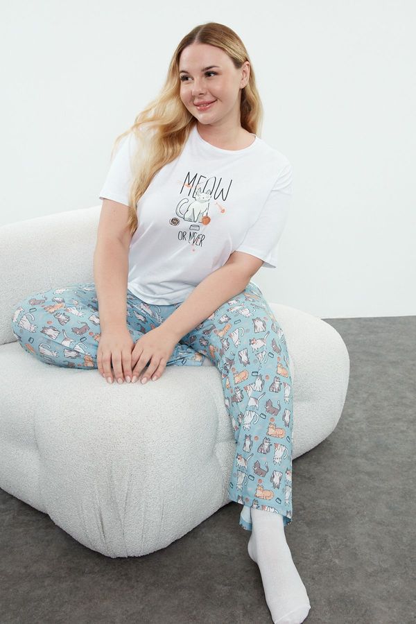 Trendyol Trendyol Curve Blue Cat Patterned Knitted Pajama Set