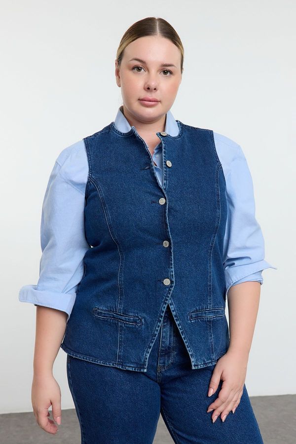 Trendyol Trendyol Curve Blue Crew Neck Plus Size Denim Vest