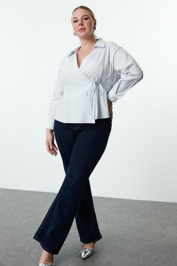 Trendyol Trendyol Curve Blue Double Breasted Long Sleeve Tied Waist Woven Plus Size Shirt