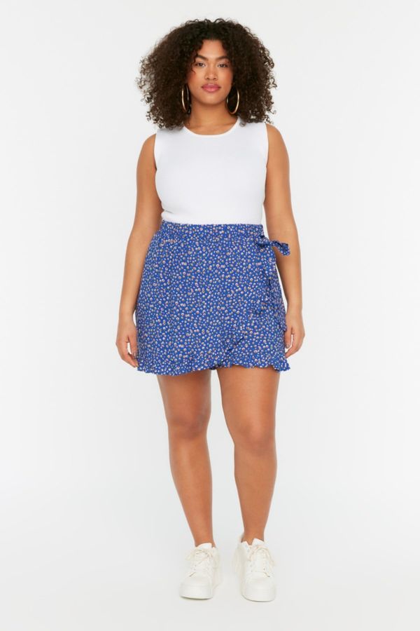 Trendyol Trendyol Curve Blue Floral Pattern Woven Tie Shorts Skirt