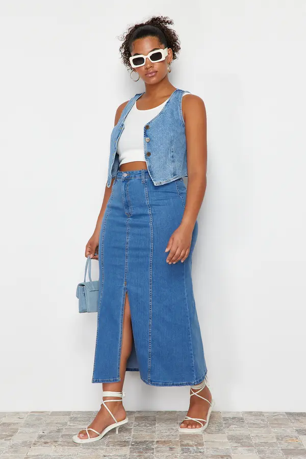 Trendyol Trendyol Curve Blue Front Slit Detailed Midi Denim Skirt