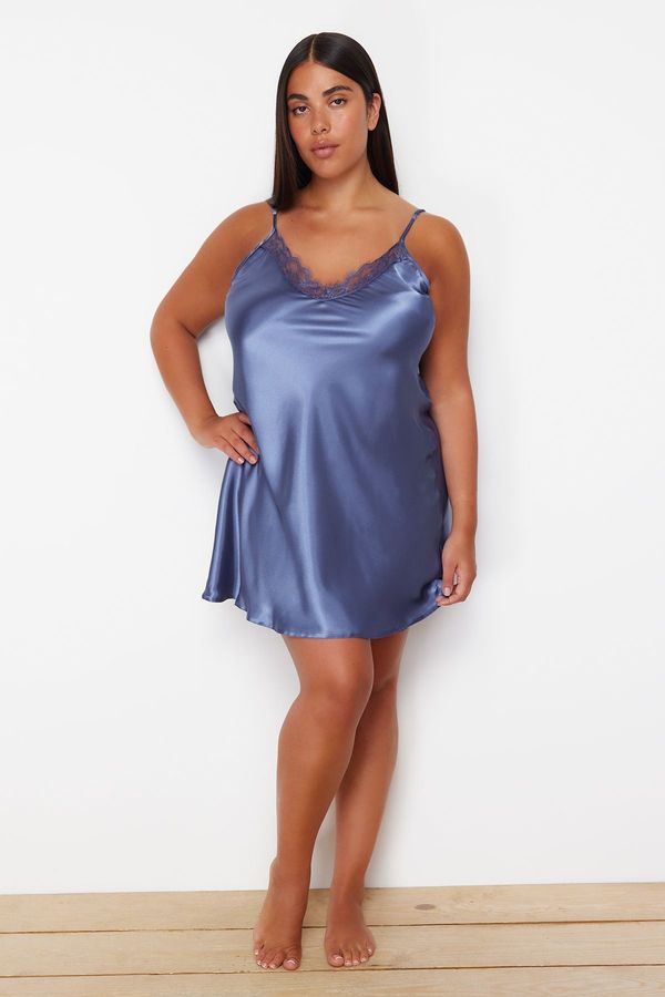 Trendyol Trendyol Curve Blue Lace Collar Mini Satin Woven Nightgown