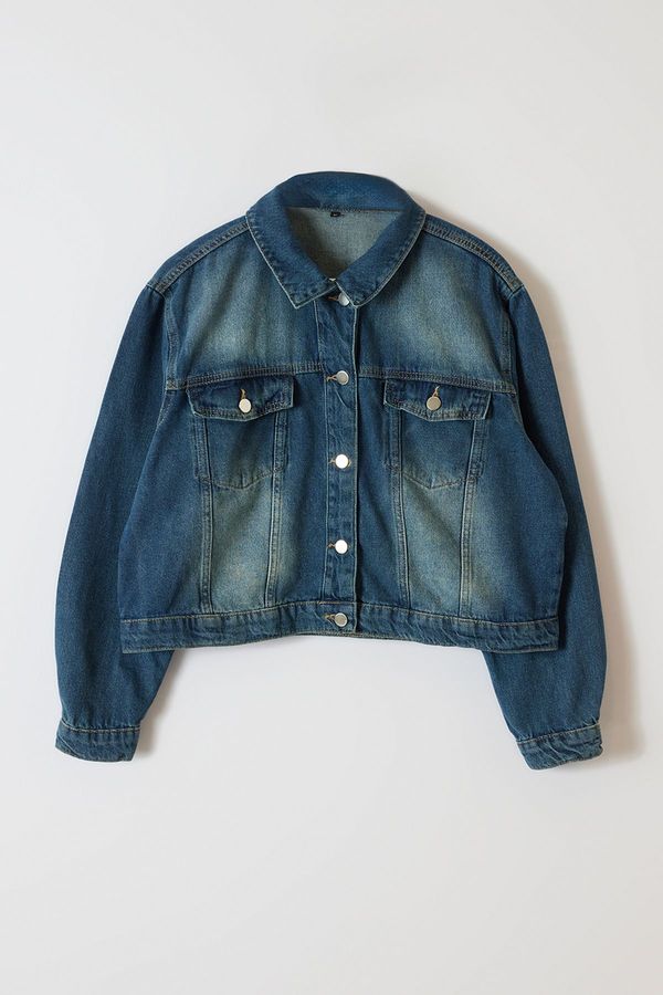 Trendyol Trendyol Curve Blue Large Size Crop Denim Jacket