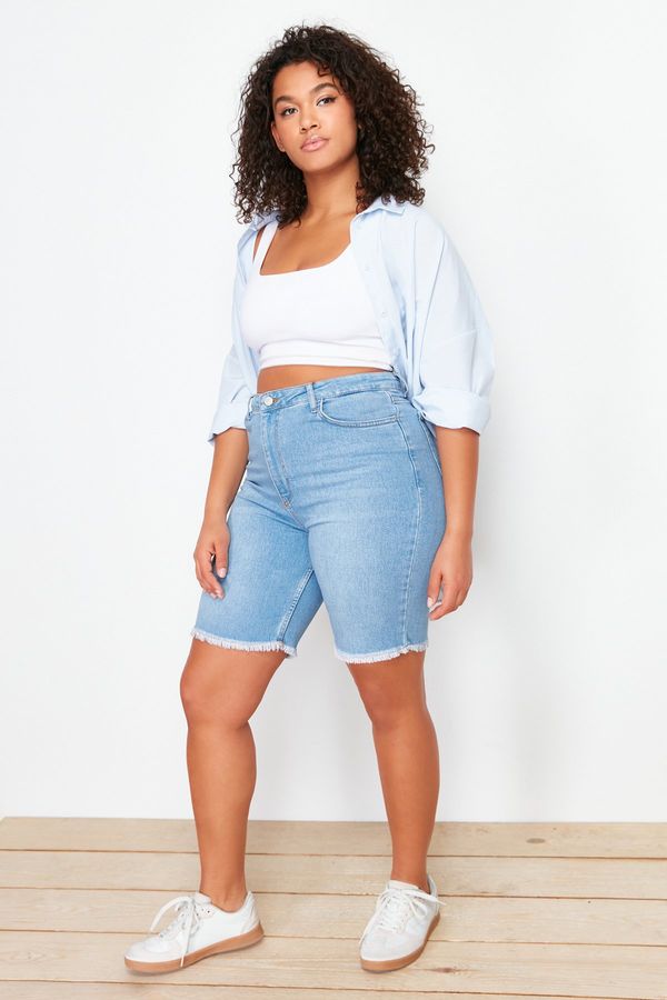 Trendyol Trendyol Curve Blue Leg Tassel Detailed Stretchy Skinny Denim Shorts