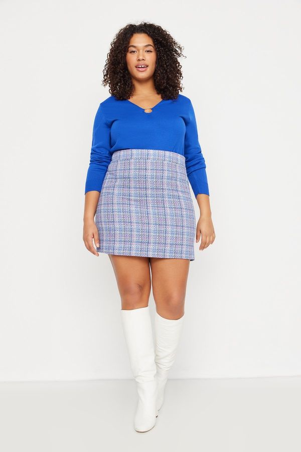 Trendyol Trendyol Curve Blue Plaid Chenille Woven Skirt