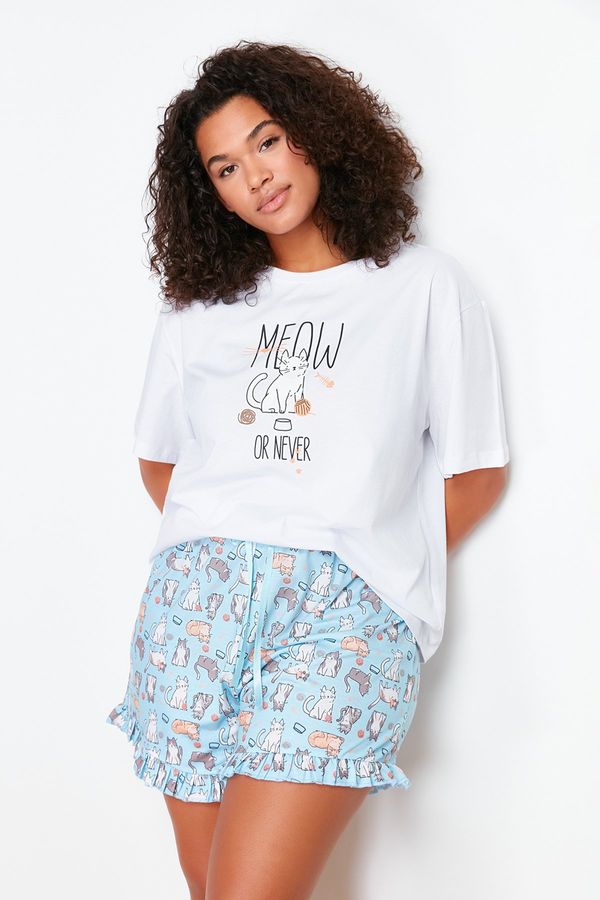 Trendyol Trendyol Curve Blue Printed Knitted Pajamas Set