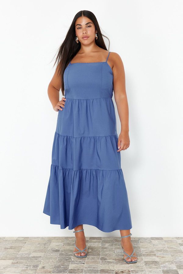 Trendyol Trendyol Curve Blue Relaxed Adjustable Strap Long Woven Plus Size Dress