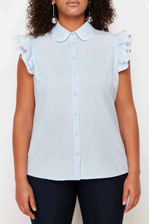 Trendyol Trendyol Curve Blue Shoulder and Collar Embroidery Detail Woven Blouse