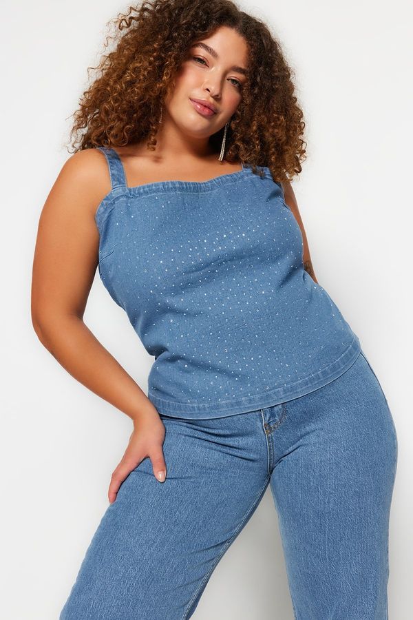 Trendyol Trendyol Curve Blue Stone Detailed Crop Denim Blouse