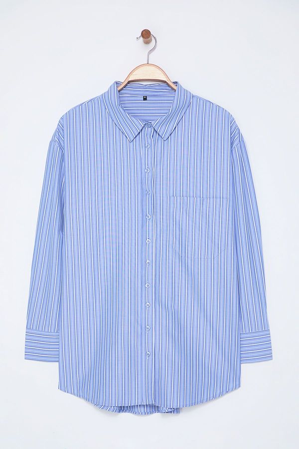 Trendyol Trendyol Curve Blue Striped Boyfriend Plus Size Woven Shirt